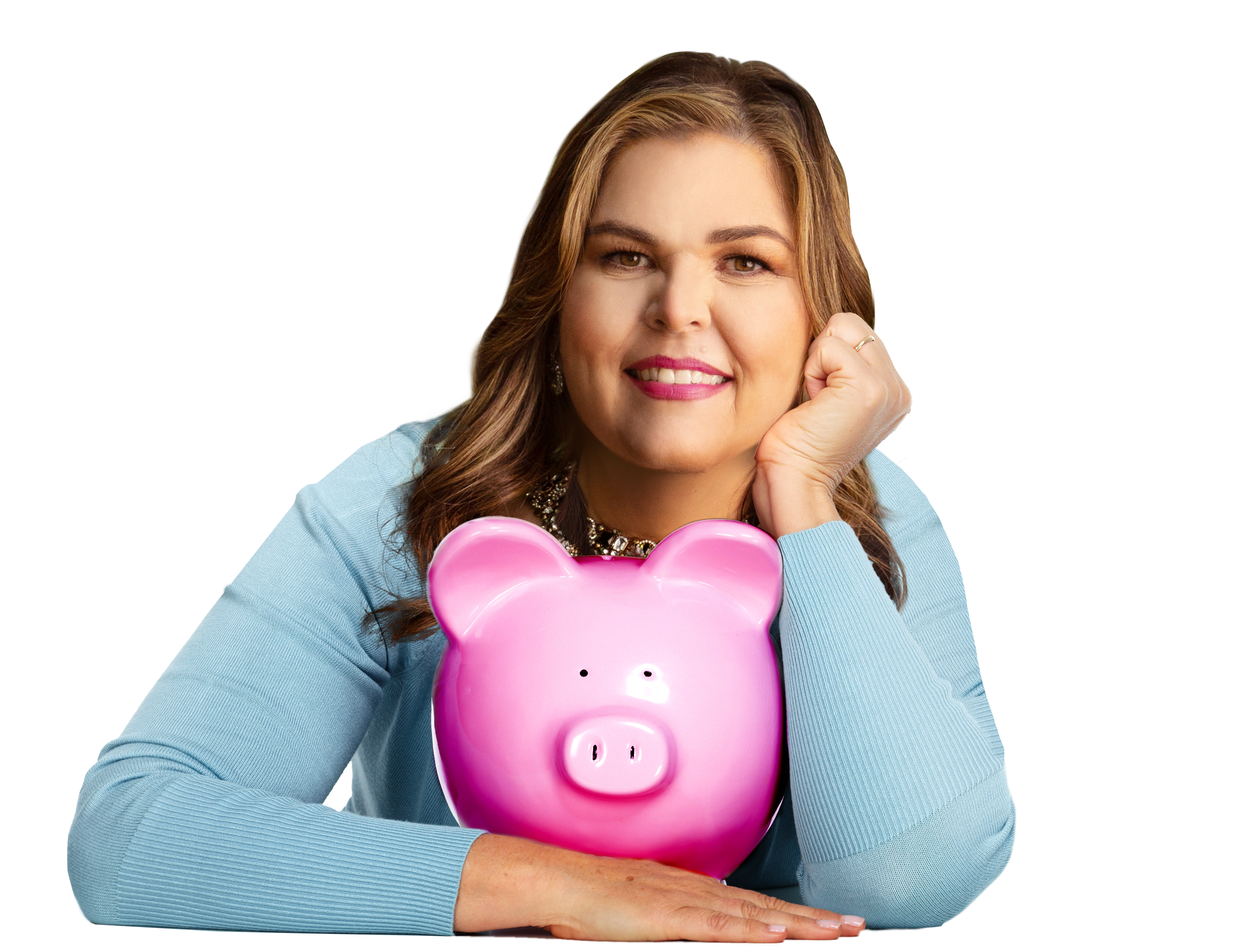 Senior woman with a piggy bank isolated on white background.